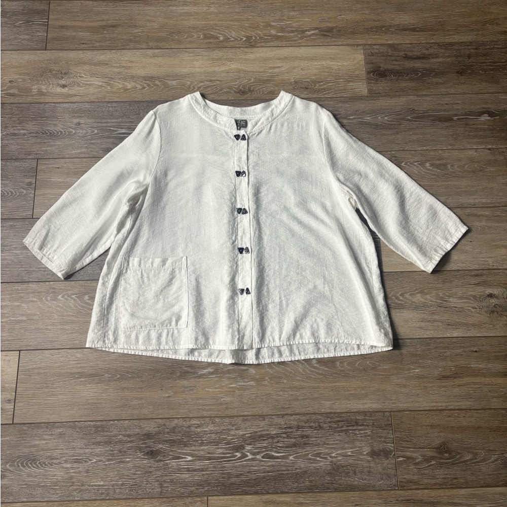 Niche by Nilgun Derman Top Sz L Button Blouse White Cropped Lagenlook Boho *READ